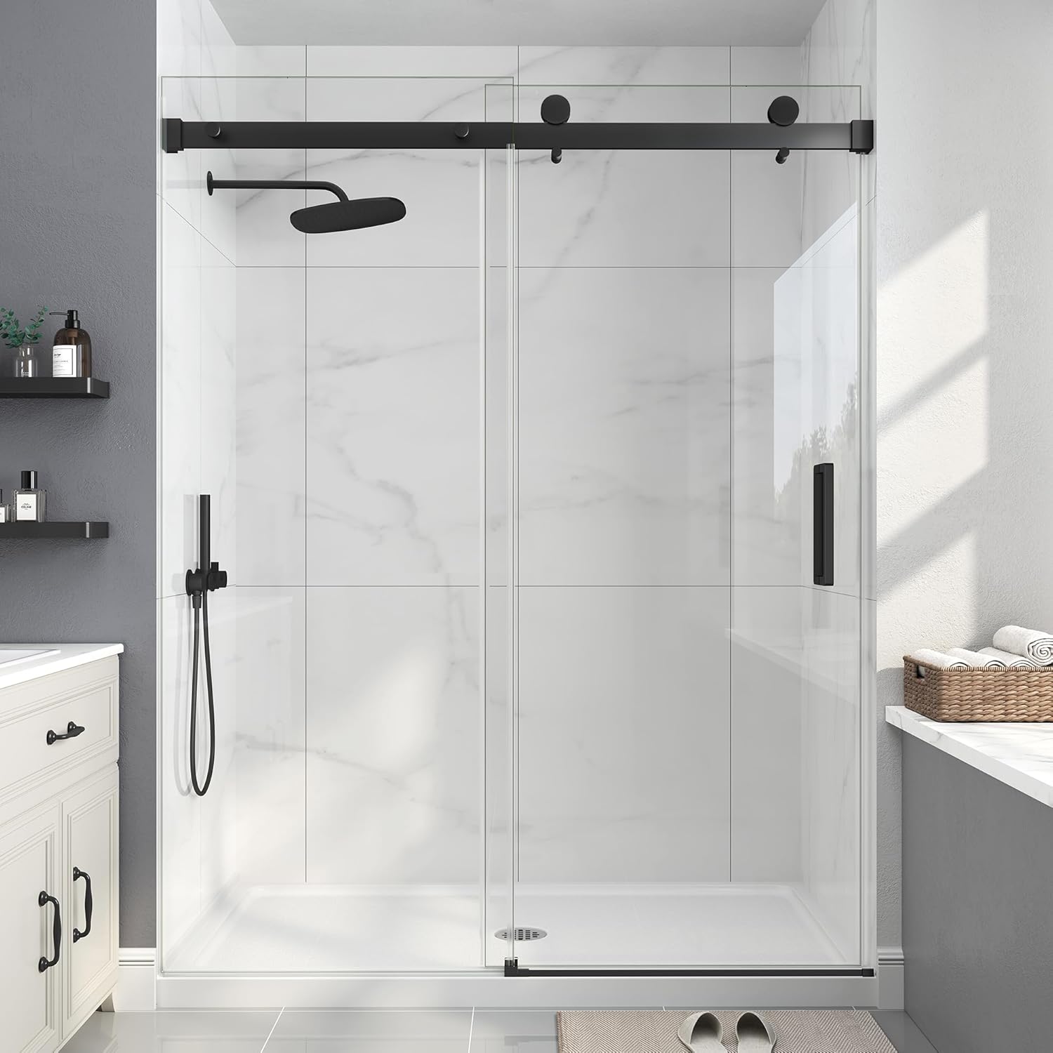 Frameless Bathtub Shower Door, 55-60" W x 60" H Sliding Tub Shower Door, 1/4''(6mm) SGCC Tempered Glass with Explosion-Proof Film Nano Coating in Matte Black Finish