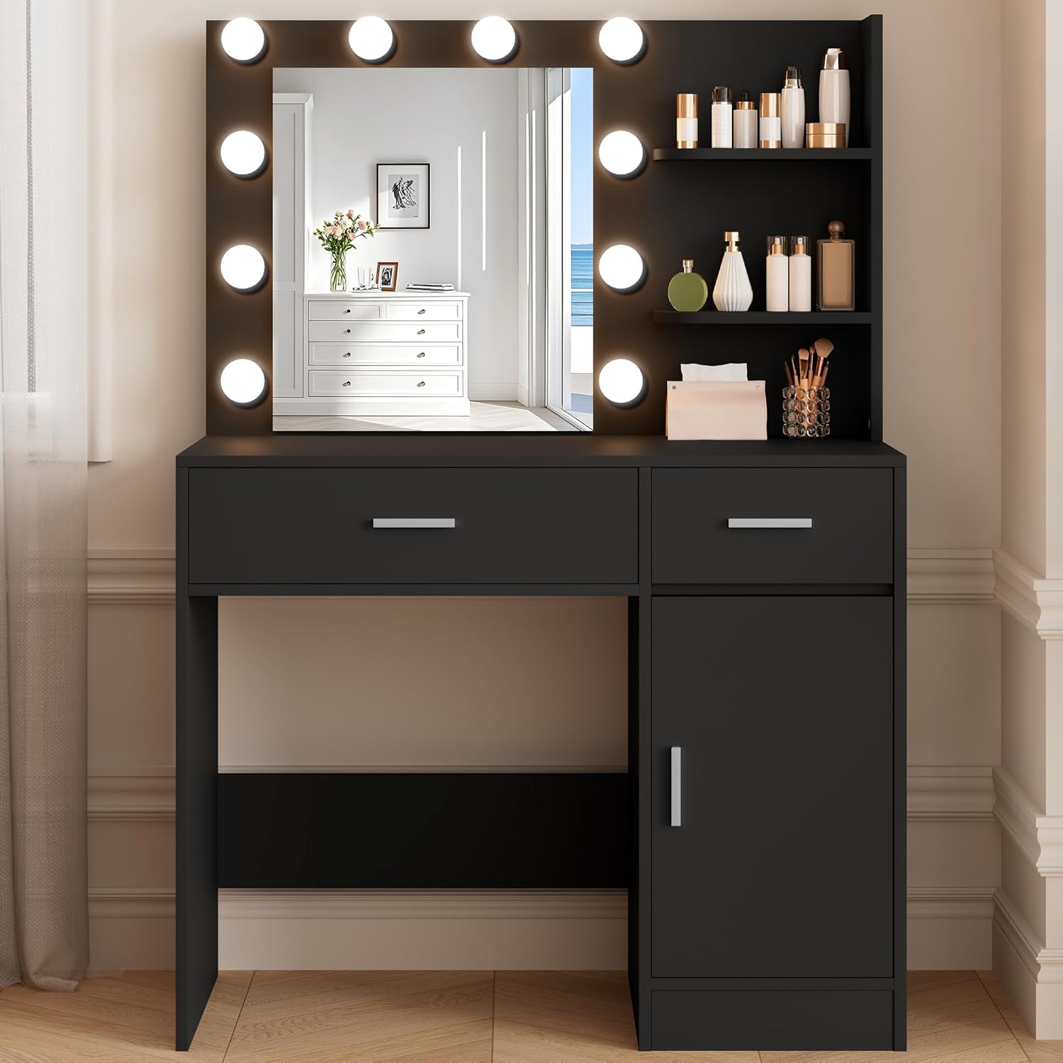 Lighted Makeup Vanity Desk, 35.4“W x 15.7'”D x 54“H, White (with Lights and Mirror, Dimming Function, 2 Drawers and 1 Cabiniet, Open Shelves) by Boahaus