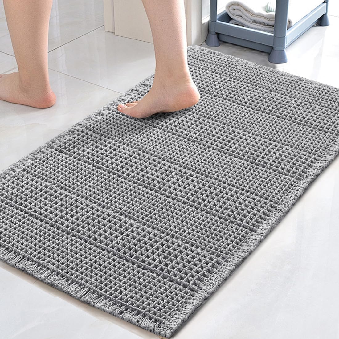 H.VERSAILTEX Waffle Bath Mat Super Absorbent Bathroom Mats Non Slip Bath Rugs for Bathroom Floor Machine Washable Ultra Soft Bathroom Rugs for Beside Tub, (32 x 20 Plus 24 x 60 - Inches, Irish Cream)