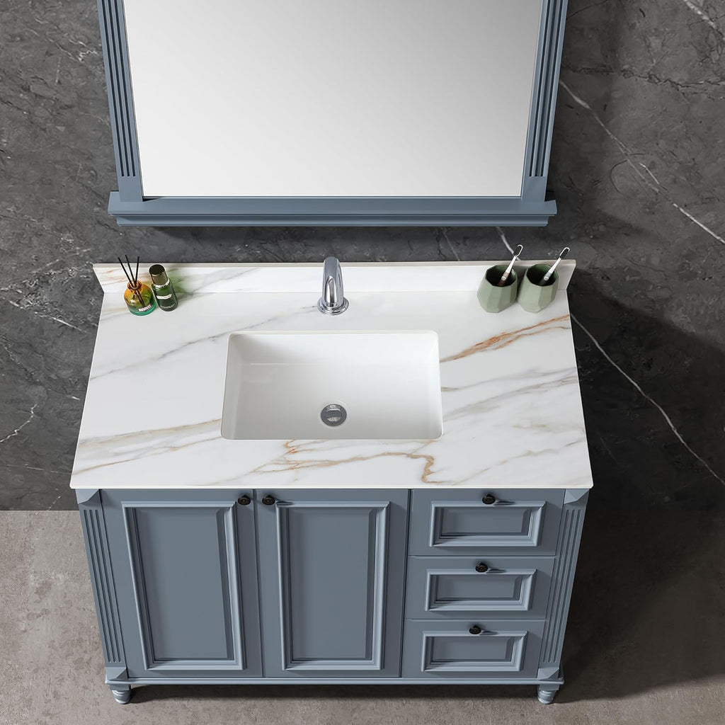Montary 43"x 22" Bathroom Vanity Top with Undermounted Large Ceramic Sink & Backsplash, Sintered Stone Artificial Marble Vanity Sink Tops with 1 Pre-Drilled Hole for Bathroom, Gray Gold Veins