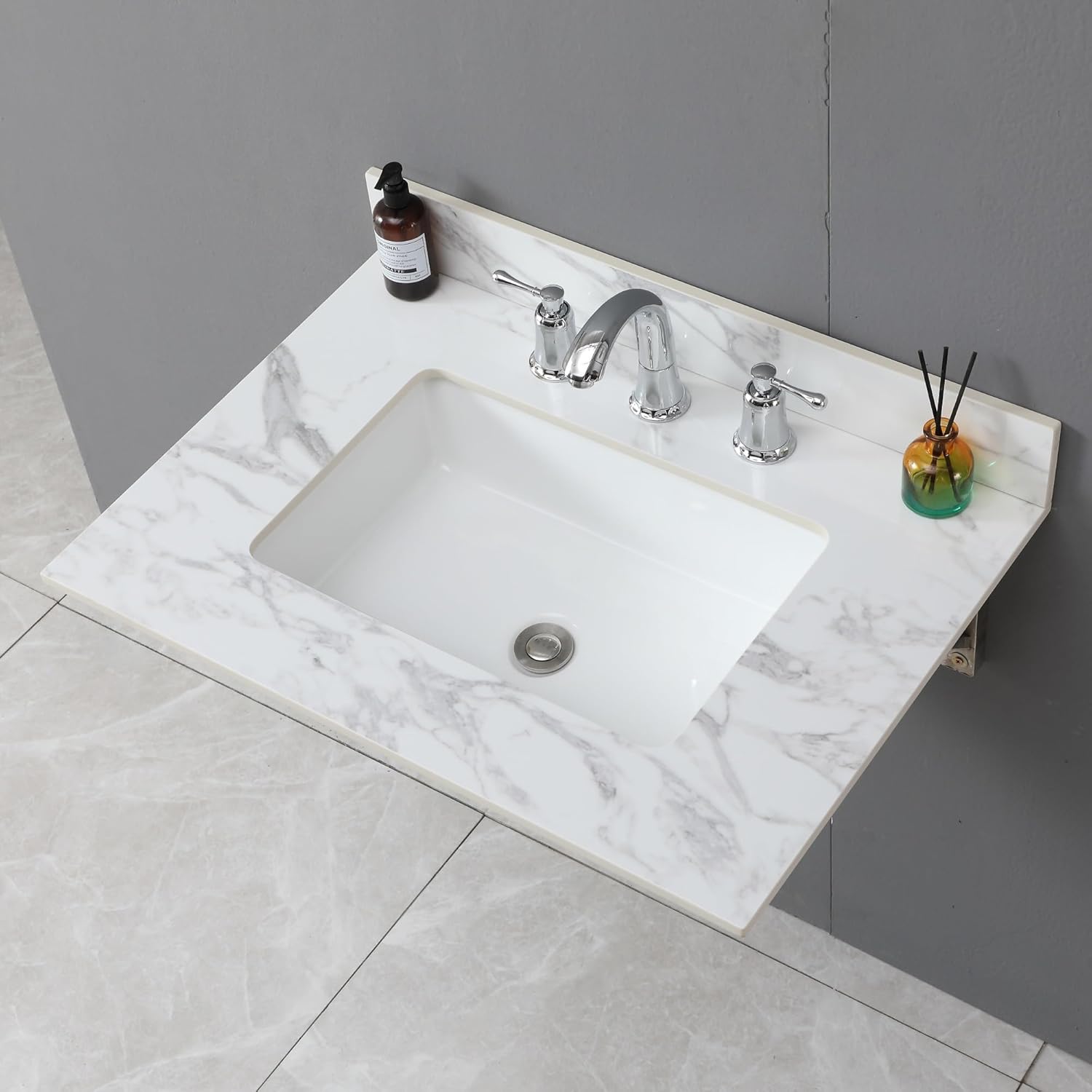 37" Bathroom Vanity Top with Ceramic Undermount Sink & Backsplash,Calacatta Gold Sintered Stone Counter Top, 3 Holes Vanity Sink Top