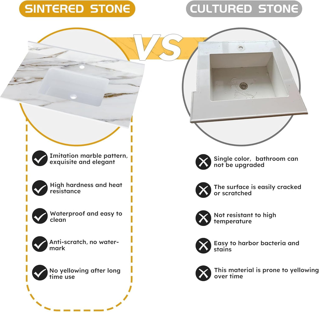 Montary 43"x 22" Bathroom Vanity Top with Undermounted Large Ceramic Sink & Backsplash, Sintered Stone Artificial Marble Vanity Sink Tops with 1 Pre-Drilled Hole for Bathroom, Gray Gold Veins