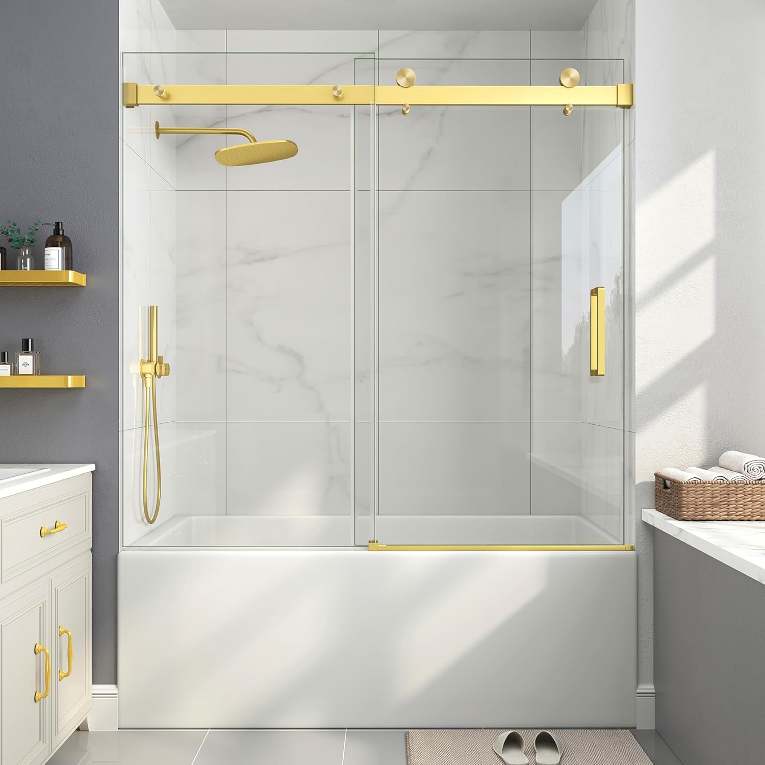 Frameless Bathtub Shower Door, 55-60" W x 60" H Sliding Tub Shower Door, 1/4''(6mm) SGCC Tempered Glass with Explosion-Proof Film Nano Coating in Matte Black Finish