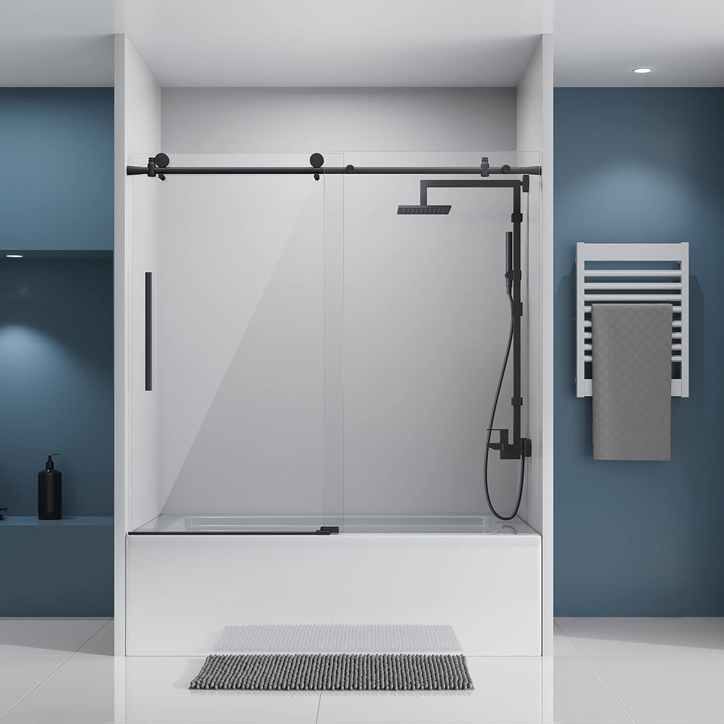 DELAVIN 56-60" W x 59" H Frameless Sliding Bathtub Door, Tub Shower Door, Bathtub Glass Door, Bathtub Shower Door, 5/16" (8mm) Certified Clear Tempered Glass, Stainless Steel Frame, Matte Black