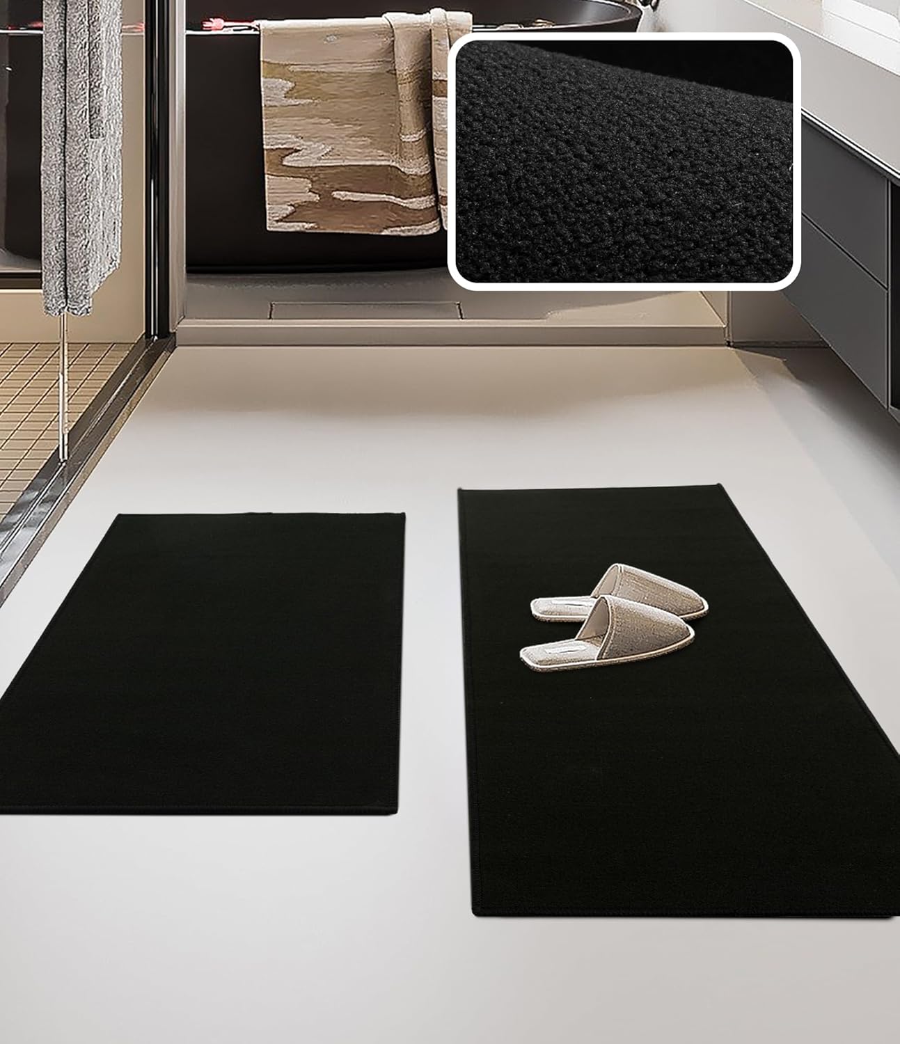 YIHOUSE Bathroom Rug Sets 2 Piece, Ultra Thin Bath Mat Fit Under Door, Quick Dry Absorbent Bath Mat for Bathroom Non Slip Machine Washable Floor Mat (Black, 2 Piece)