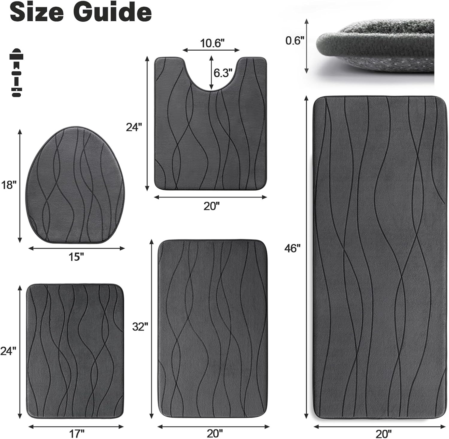 YIHOUSE Memory Foam Grey Bathroom Rug Sets 5 Piece, Ultra Absorbent Bath Mat for Bathroom - Non-Slip Machine Washable & Dry Quickly, 5 Piece Bathroom Mat Set, Dark Grey