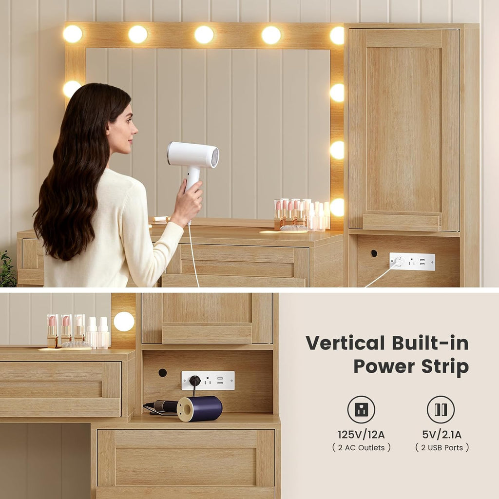 BTHFST Vanity Desk with Large Mirror and Hollywood Style Lights, Makeup Vanity with Charging Station, Makeup Table with 5 Drawers & Dustproof Cabinet, Natural Oak