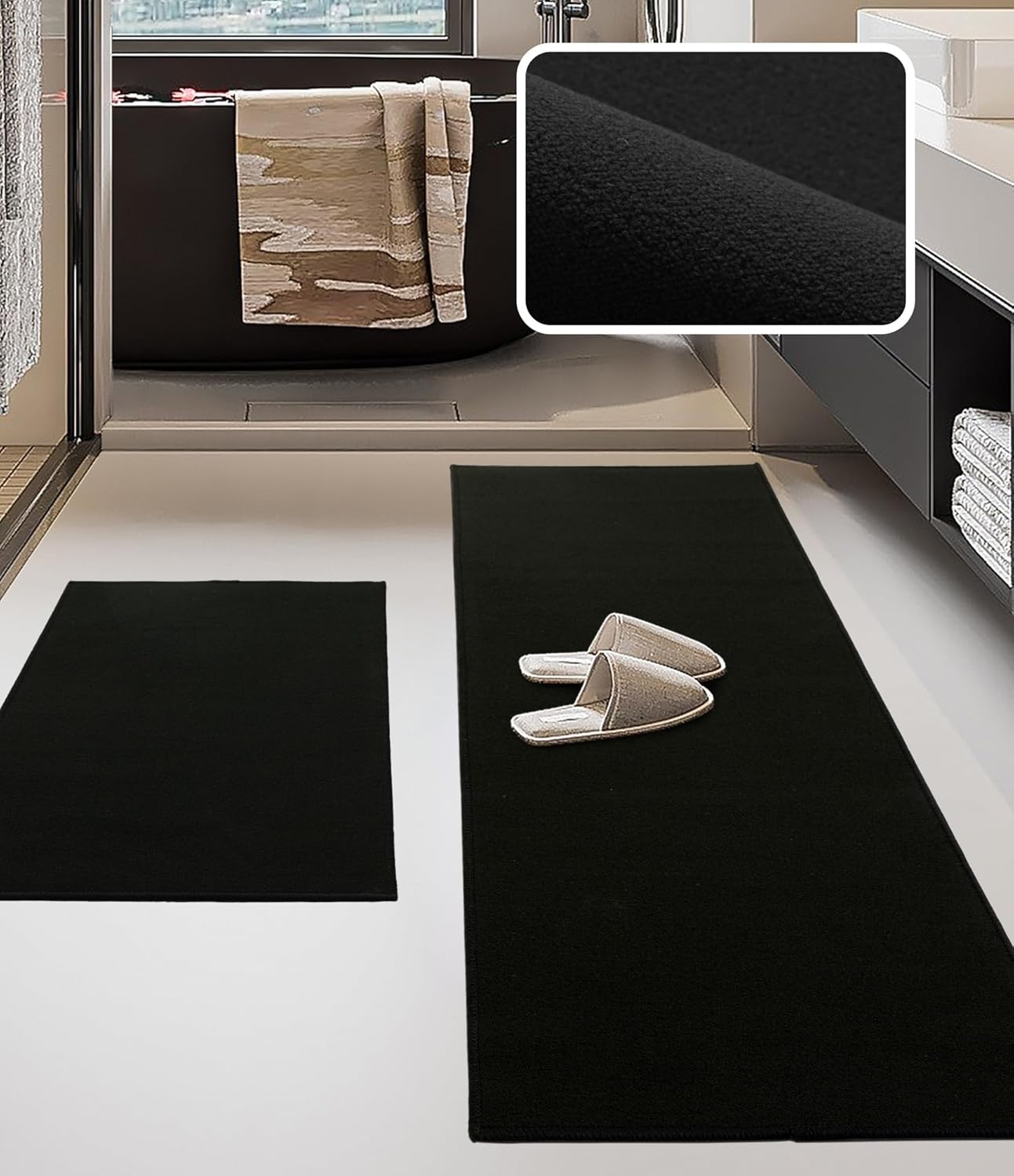 YIHOUSE Bathroom Rug Sets 2 Piece, Ultra Thin Bath Mat Fit Under Door, Quick Dry Absorbent Bath Mat for Bathroom Non Slip Machine Washable Floor Mat (Black, 2 Piece)