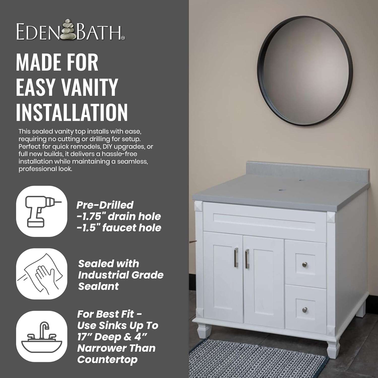 Eden Bath White 37"x22" Terrazzo Vanity Countertop - Pre-Drilled for Vessel Sinks