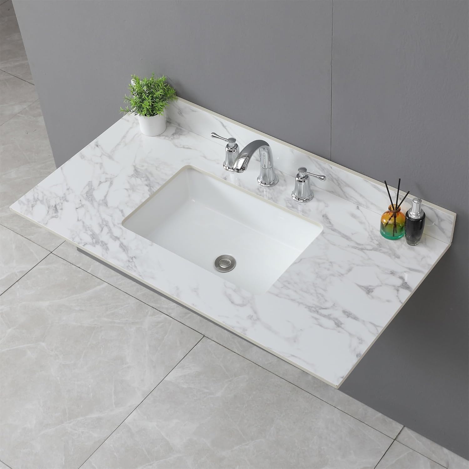 37" Bathroom Vanity Top with Ceramic Undermount Sink & Backsplash,Calacatta Gold Sintered Stone Counter Top, 3 Holes Vanity Sink Top