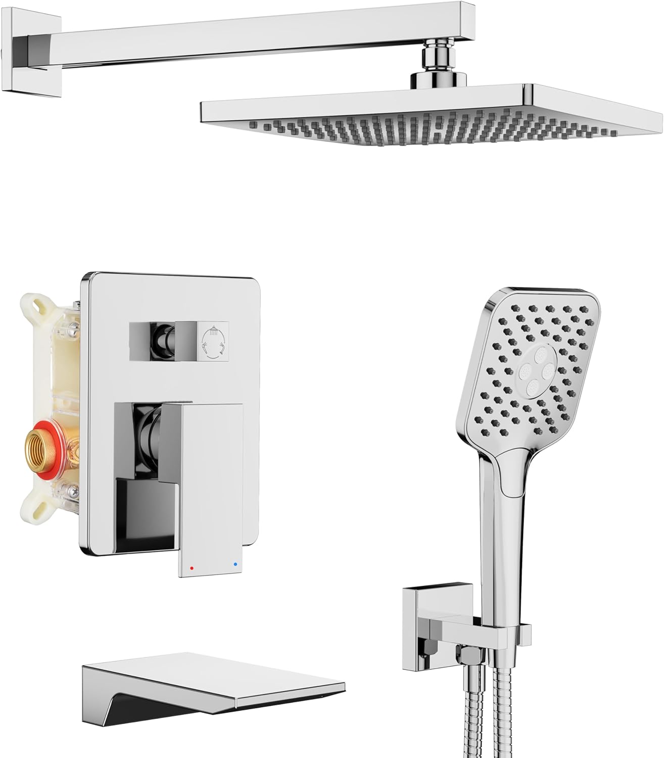 Gabrylly Shower System with Tub Spout, Wall Mounted Tub Shower Faucet Set for Bathroom with High Pressure 10" Rain Shower head and 3-Setting Handheld Shower Head Set, Matte Black