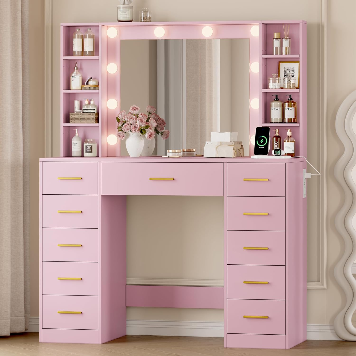 Vanity Desk with Mirror and Lights, 43" White Makeup Vanity Set with 5 Drawers & Glass Cabinets, Storage Stool, Power Outlet & Adjustable LED Lights, Dressing Table for Women & Girls Bedroom