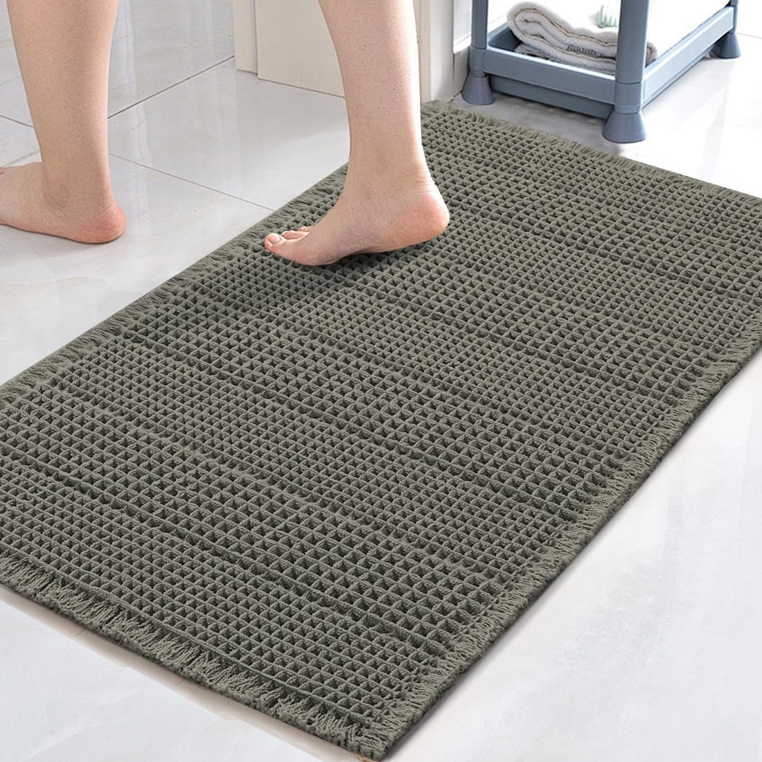 H.VERSAILTEX Waffle Bath Mat Super Absorbent Bathroom Mats Non Slip Bath Rugs for Bathroom Floor Machine Washable Ultra Soft Bathroom Rugs for Beside Tub, (32 x 20 Plus 24 x 60 - Inches, Irish Cream)