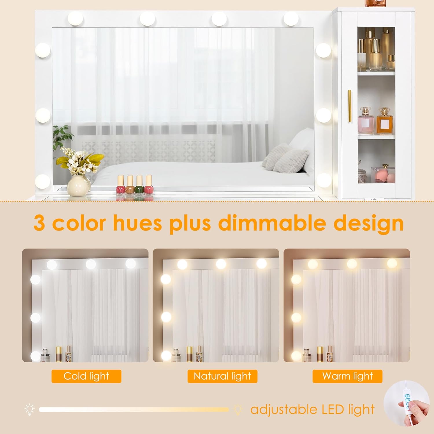 BEWISHOME 49.2" Large Vanity Desk with Mirror and Lights,White Makeup Vanity Table with Glass Top,Stool,Makeup Desk with Power Outlet,5 Drawers,Nightstand,Dressing Table for Bedroom Women FST34W