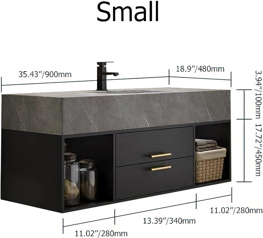 KunMai 35.4" Black Floating Bathroom Vanity with Sink – Modern Wall Mounted Bathroom Cabinet with Sintered Stone Countertop, Soft-Close Drawers, Space-Saving Vanity for Small Bathrooms