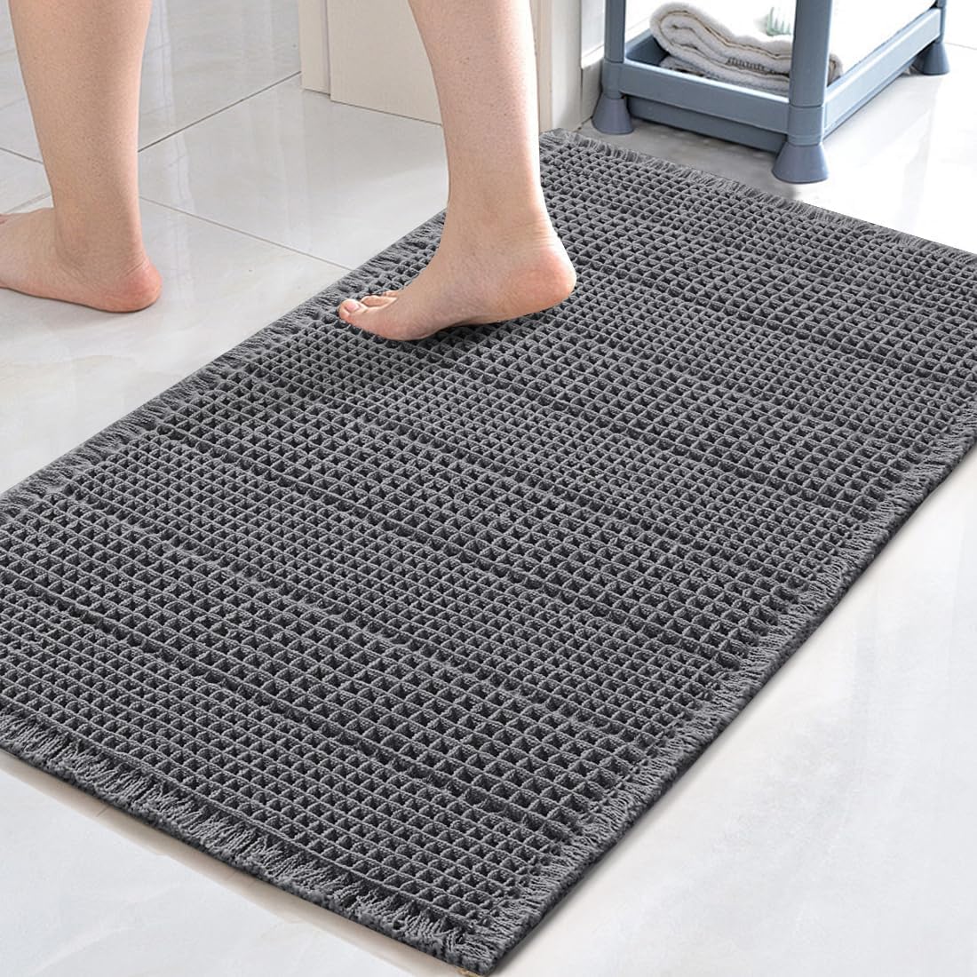 H.VERSAILTEX Waffle Bath Mat Super Absorbent Bathroom Mats Non Slip Bath Rugs for Bathroom Floor Machine Washable Ultra Soft Bathroom Rugs for Beside Tub, (32 x 20 Plus 24 x 60 - Inches, Irish Cream)