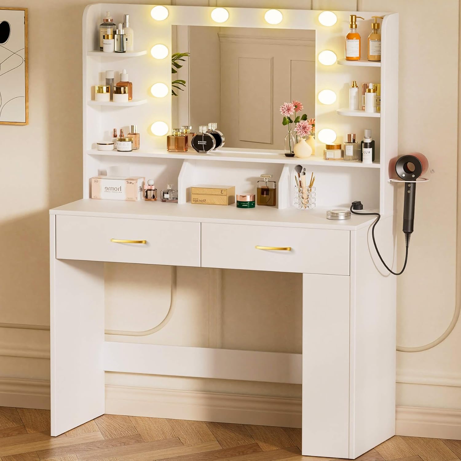 COMHOMA Vanity Desk with Lighted Mirror and Power Outlet, RGB LED Lights Makeup Vanity Set for Girls, Large Storage Capacity Dressing Table for Bedroom, 3 Lighting Modes Adjustable Brightness, White