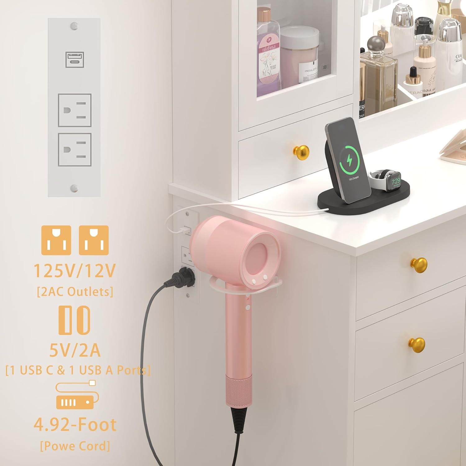 Vanity Desk with Mirror and Lights, 43" White Makeup Vanity Set with 5 Drawers & Glass Cabinets, Storage Stool, Power Outlet & Adjustable LED Lights, Dressing Table for Women & Girls Bedroom