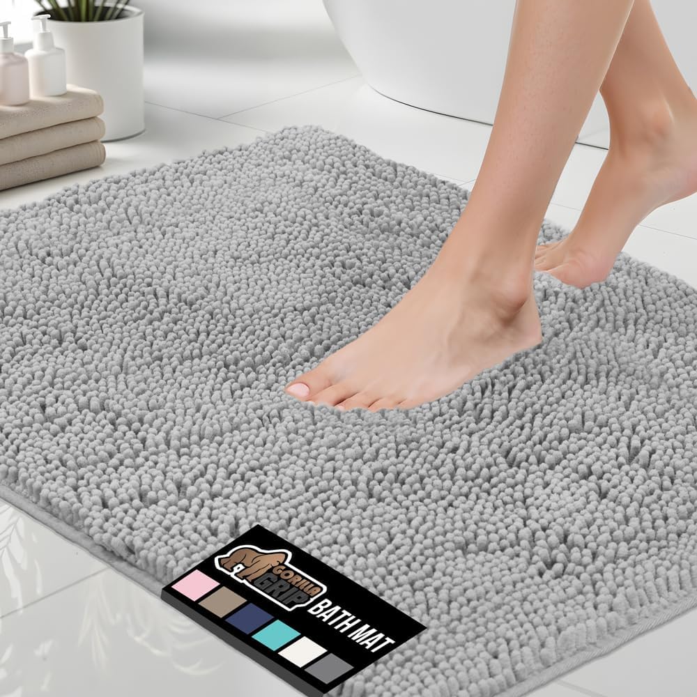 GORILLA GRIP Bath Rug Mat 70x24, Thick Soft Absorbent Chenille, Quick Dry Microfiber Mats, Rubber Backing Washable Shower Floor Rugs, Bathmat Runner, US Designed Bathroom Home Decor Accessories Grey