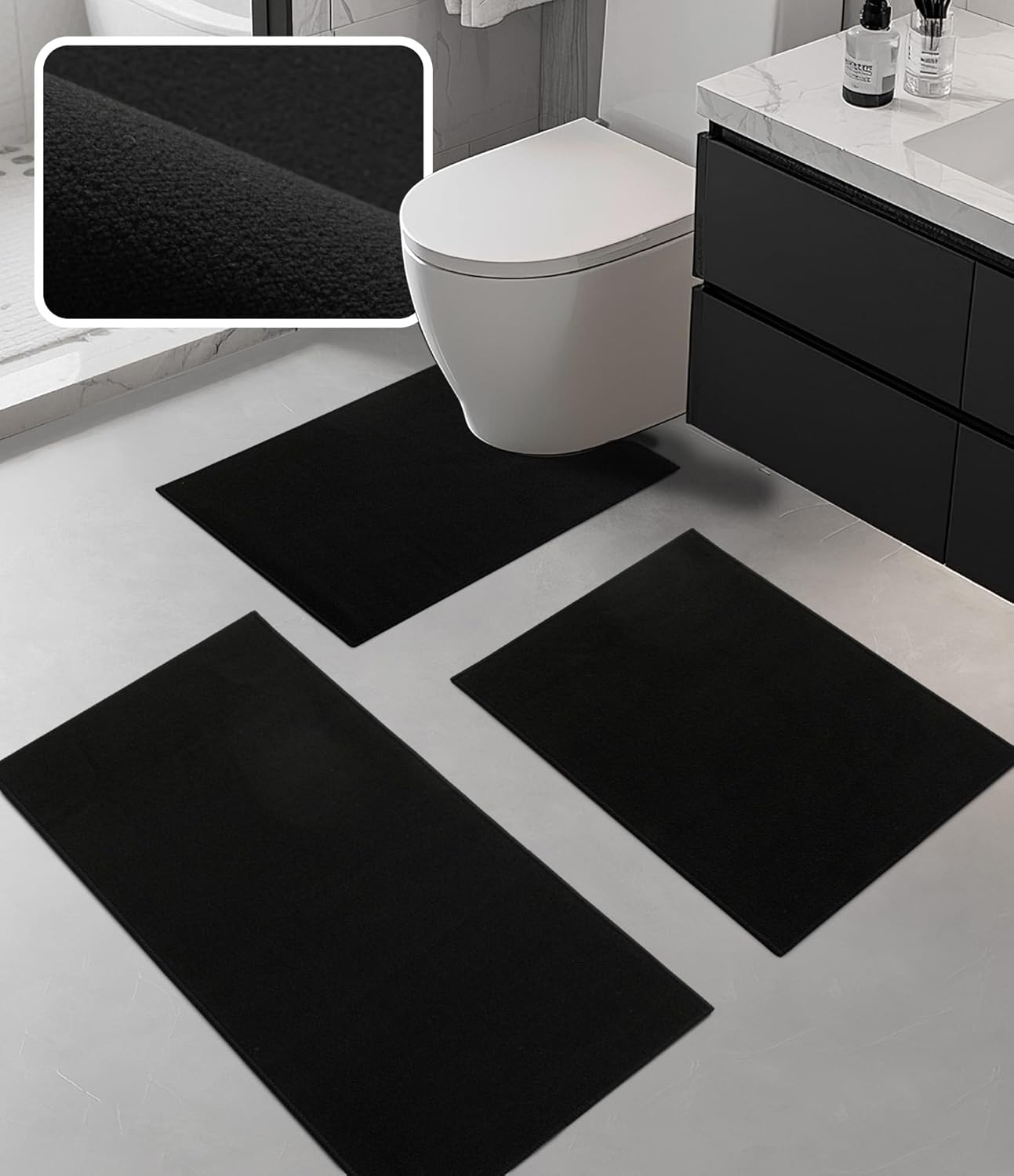 YIHOUSE Bathroom Rug Sets 2 Piece, Ultra Thin Bath Mat Fit Under Door, Quick Dry Absorbent Bath Mat for Bathroom Non Slip Machine Washable Floor Mat (Black, 2 Piece)