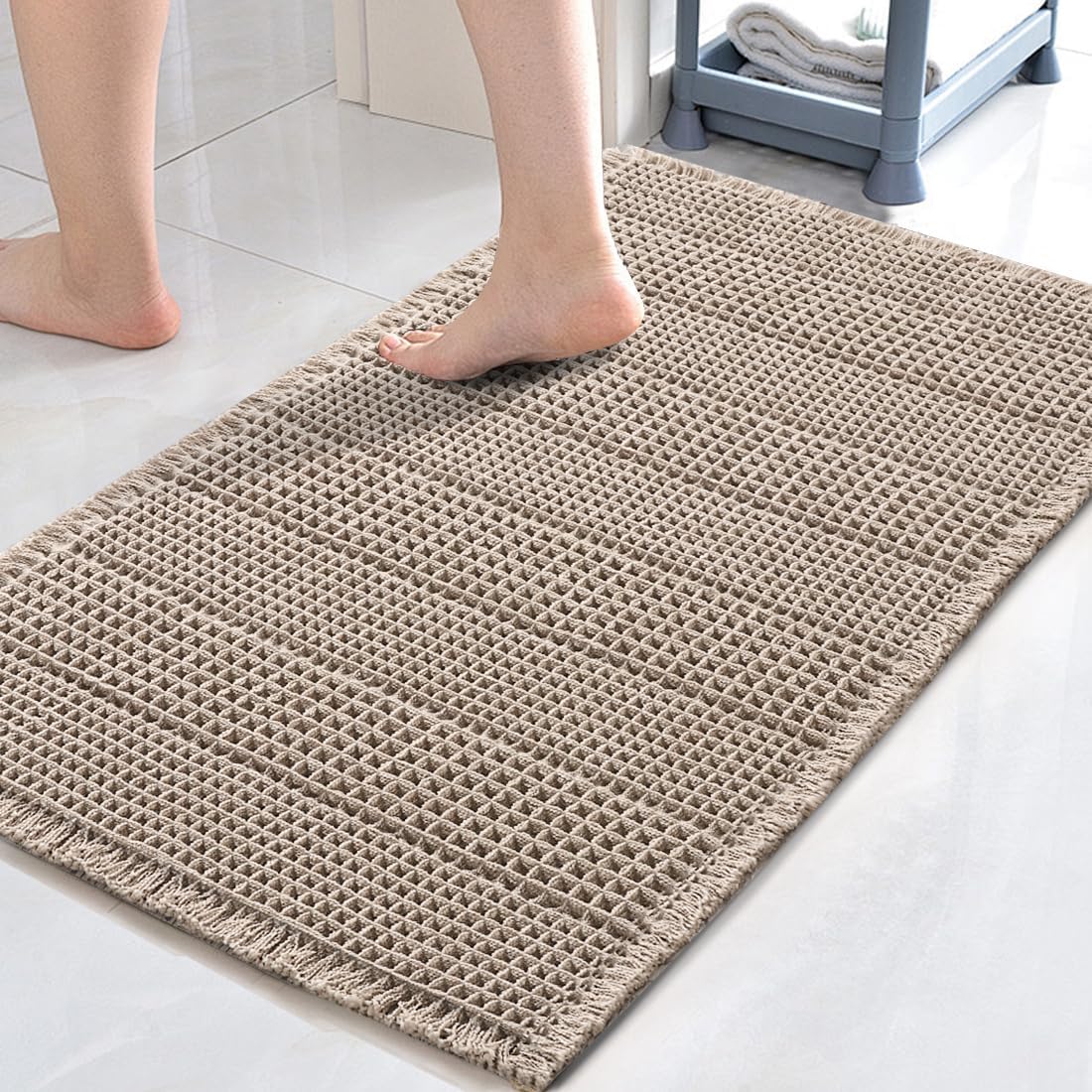 H.VERSAILTEX Waffle Bath Mat Super Absorbent Bathroom Mats Non Slip Bath Rugs for Bathroom Floor Machine Washable Ultra Soft Bathroom Rugs for Beside Tub, (32 x 20 Plus 24 x 60 - Inches, Irish Cream)