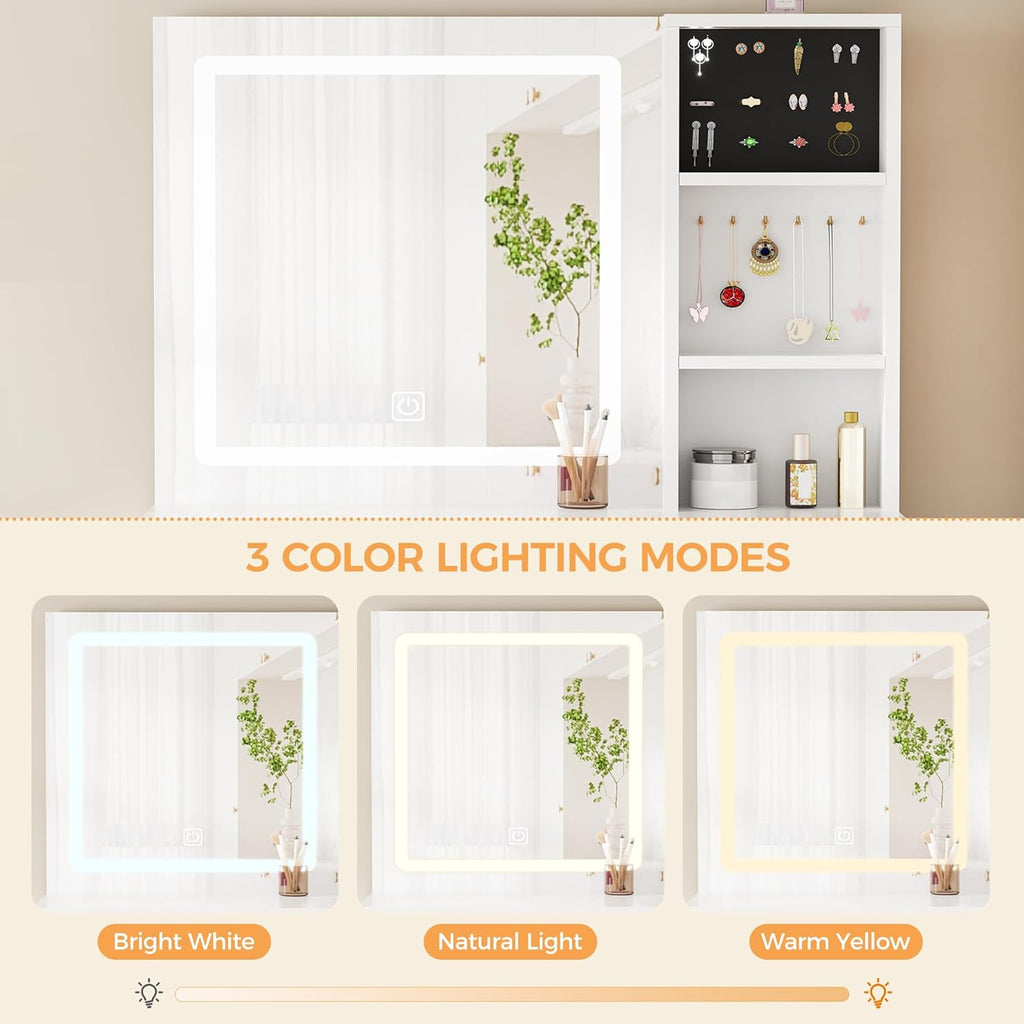 BEWISHOME White Vanity Desk with Mirror and Lights,Makeup Vanity L Shape Change Makeup Desk with 6 Drawers Stool Power Outlet Jewelry Storage,Dressing Table with Dresser for Bedroom Girls Women FST26W