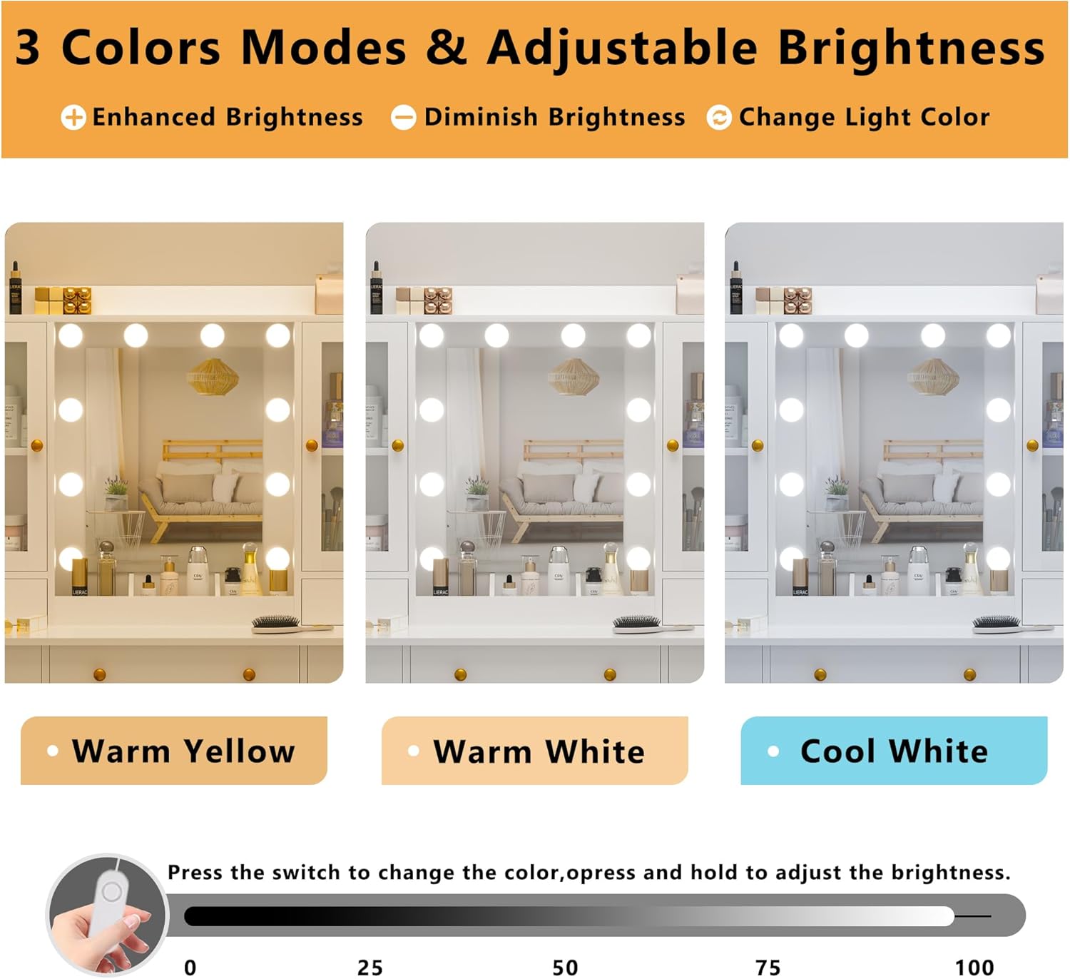 Vanity Desk with Mirror and Lights, 43" White Makeup Vanity Set with 5 Drawers & Glass Cabinets, Storage Stool, Power Outlet & Adjustable LED Lights, Dressing Table for Women & Girls Bedroom