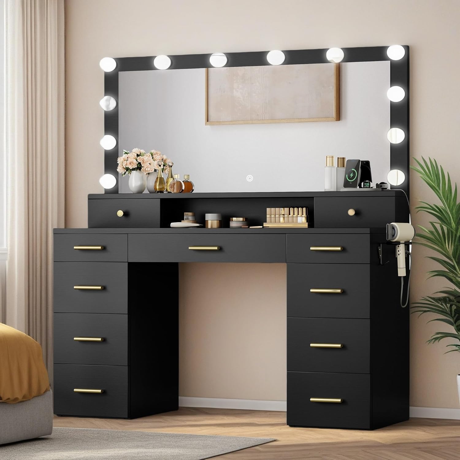 YITAHOME 46" Glass Top Vanity Desk with LED Mirror, 11 LED Bulbs, 3 Adjustable Lighting Modes, 10-Drawer Makeup Vanity with PU Storage Stool, Dressing Table Built-in USB & AC Outlets