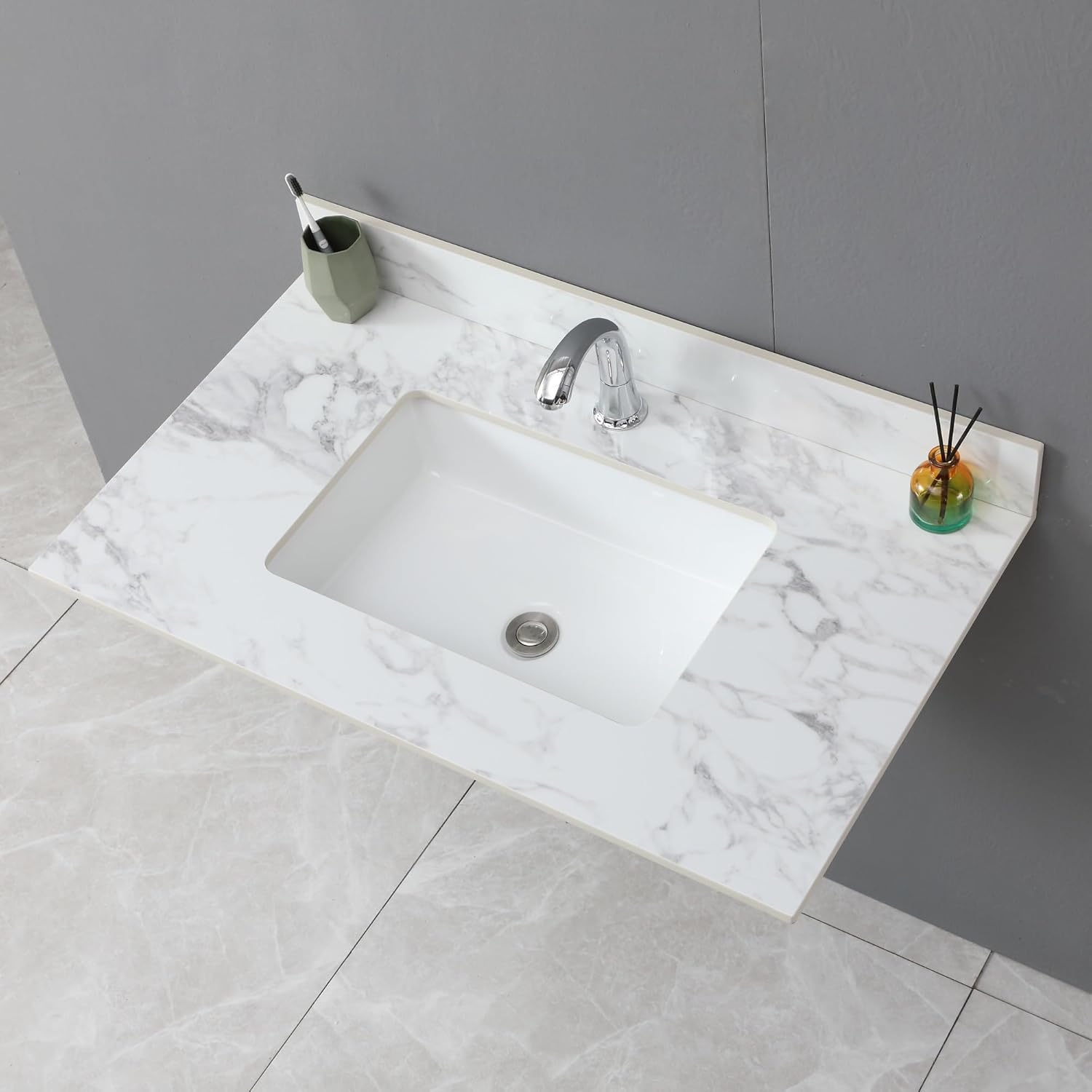 37" Bathroom Vanity Top with Ceramic Undermount Sink & Backsplash,Calacatta Gold Sintered Stone Counter Top, 3 Holes Vanity Sink Top