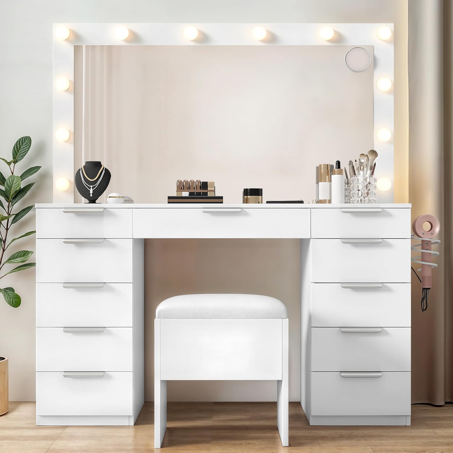 YITAHOME 46" Glass Top Vanity Desk with LED Mirror, 11 LED Bulbs, 3 Adjustable Lighting Modes, 10-Drawer Makeup Vanity with PU Storage Stool, Dressing Table Built-in USB & AC Outlets