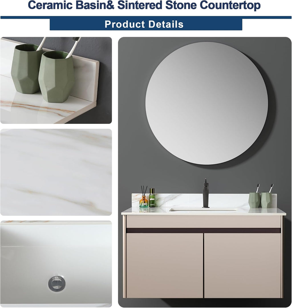 Montary 43"x 22" Bathroom Vanity Top with Undermounted Large Ceramic Sink & Backsplash, Sintered Stone Artificial Marble Vanity Sink Tops with 1 Pre-Drilled Hole for Bathroom, Gray Gold Veins