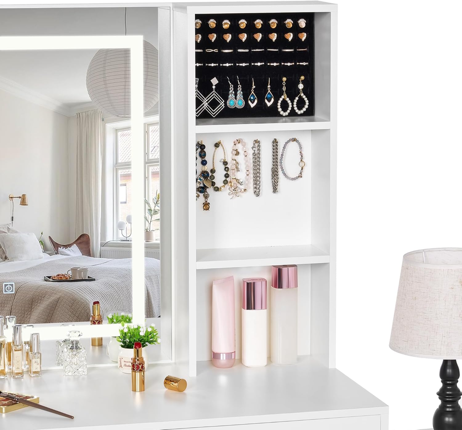 BEWISHOME White Vanity Desk with Mirror and Lights,Makeup Vanity L Shape Change Makeup Desk with 6 Drawers Stool Power Outlet Jewelry Storage,Dressing Table with Dresser for Bedroom Girls Women FST26W