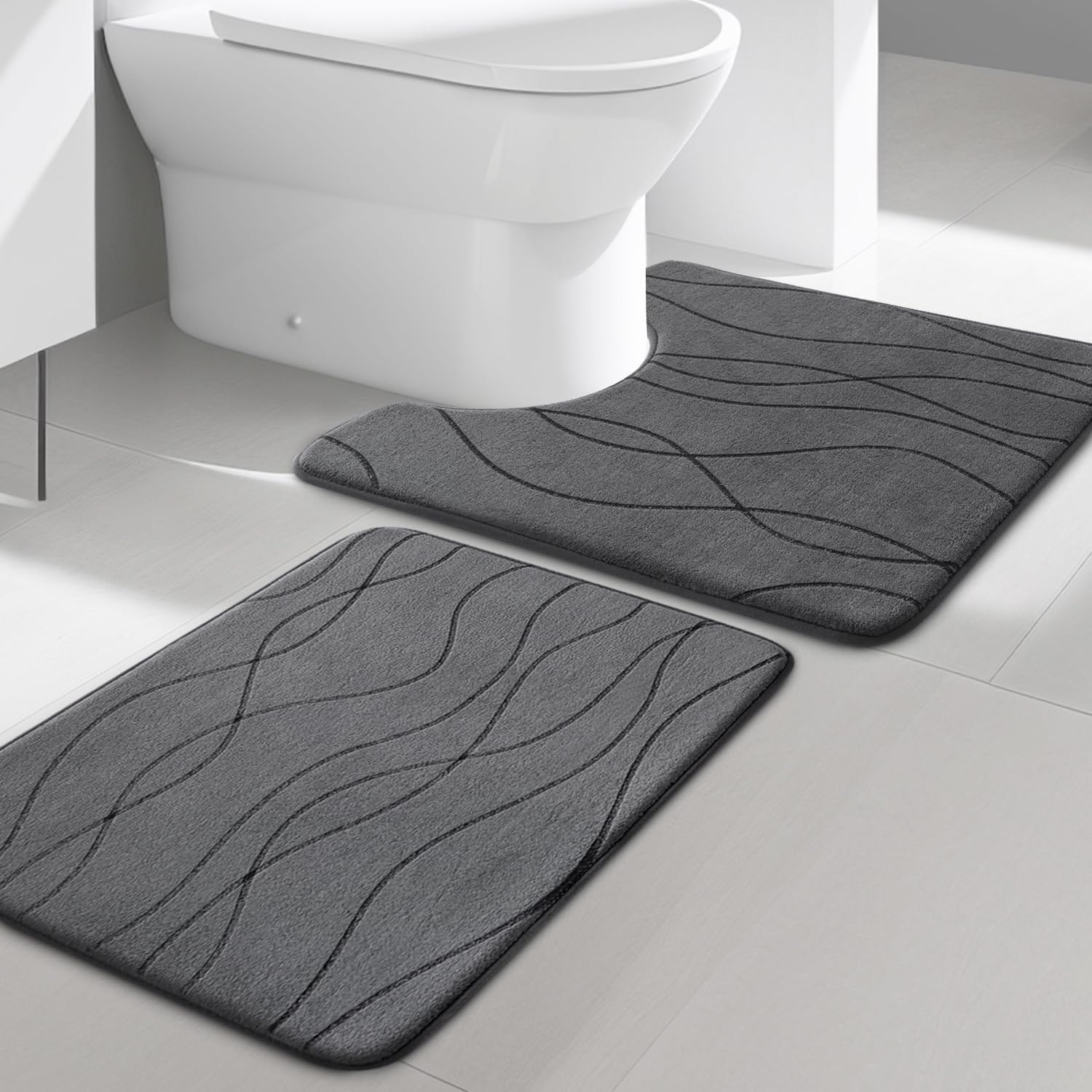 YIHOUSE Memory Foam Grey Bathroom Rug Sets 5 Piece, Ultra Absorbent Bath Mat for Bathroom - Non-Slip Machine Washable & Dry Quickly, 5 Piece Bathroom Mat Set, Dark Grey