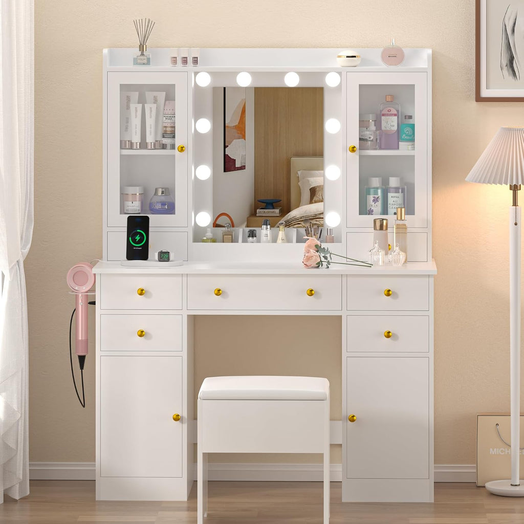 Vanity Desk with Mirror and Lights, 43" White Makeup Vanity Set with 5 Drawers & Glass Cabinets, Storage Stool, Power Outlet & Adjustable LED Lights, Dressing Table for Women & Girls Bedroom