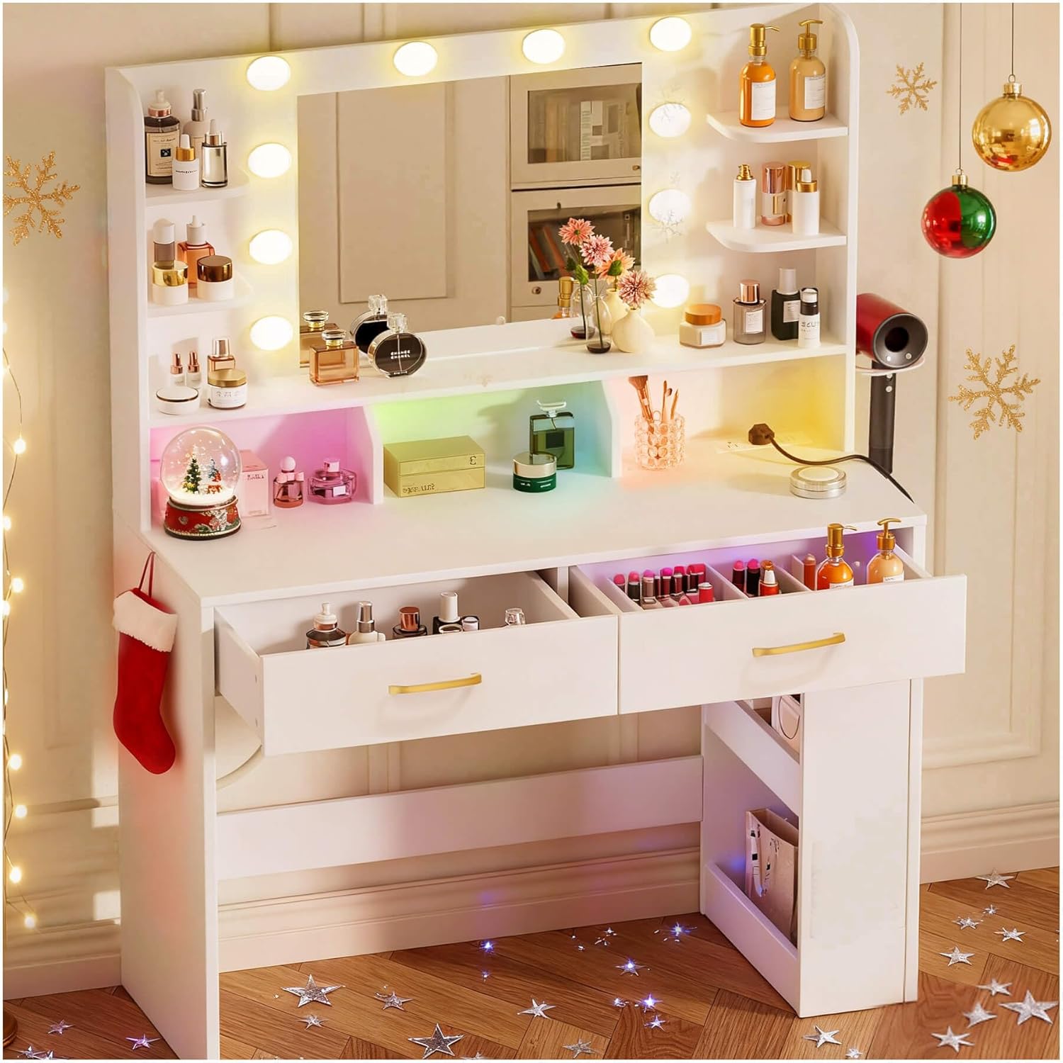 COMHOMA Vanity Desk with Lighted Mirror and Power Outlet, RGB LED Lights Makeup Vanity Set for Girls, Large Storage Capacity Dressing Table for Bedroom, 3 Lighting Modes Adjustable Brightness, White