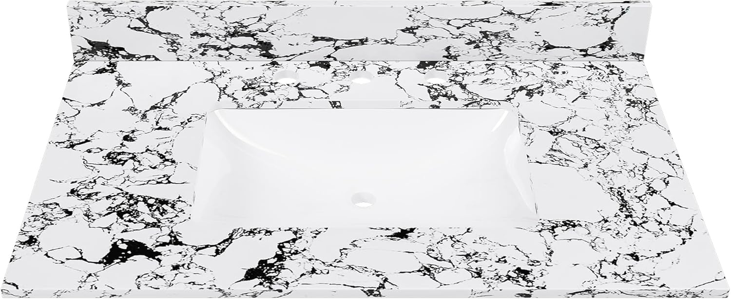 Montary 49"x 22" Artificial Marble Bathroom Vanity Top with Undermounted Ceramic Sink & Backsplash, Engineered Stone Bathroom Vanity Sink Tops with 3 Pre-Drilled Hole, Panda White