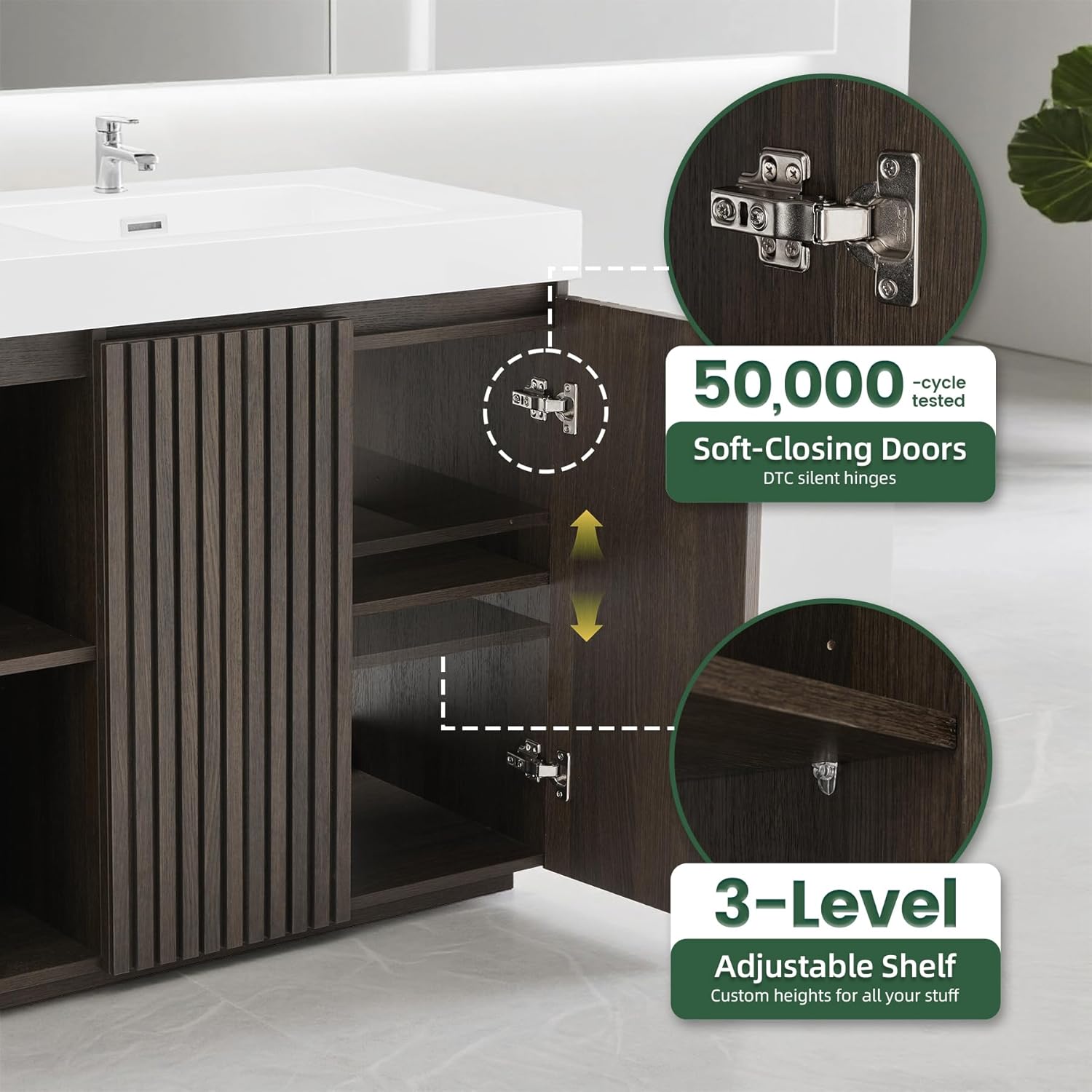 60" Bathroom Vanity with Double Sink, Freestanding Double Sink Bathroom Vanity with White Engineered Stone Top, Open Storage Cabinet & Adjustable Shelf, 4 Soft-Closing Doors, Smoked Oak Brown