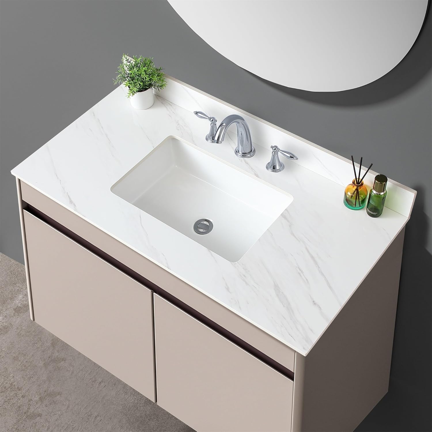37" Bathroom Vanity Top with Ceramic Undermount Sink & Backsplash,Calacatta Gold Sintered Stone Counter Top, 3 Holes Vanity Sink Top