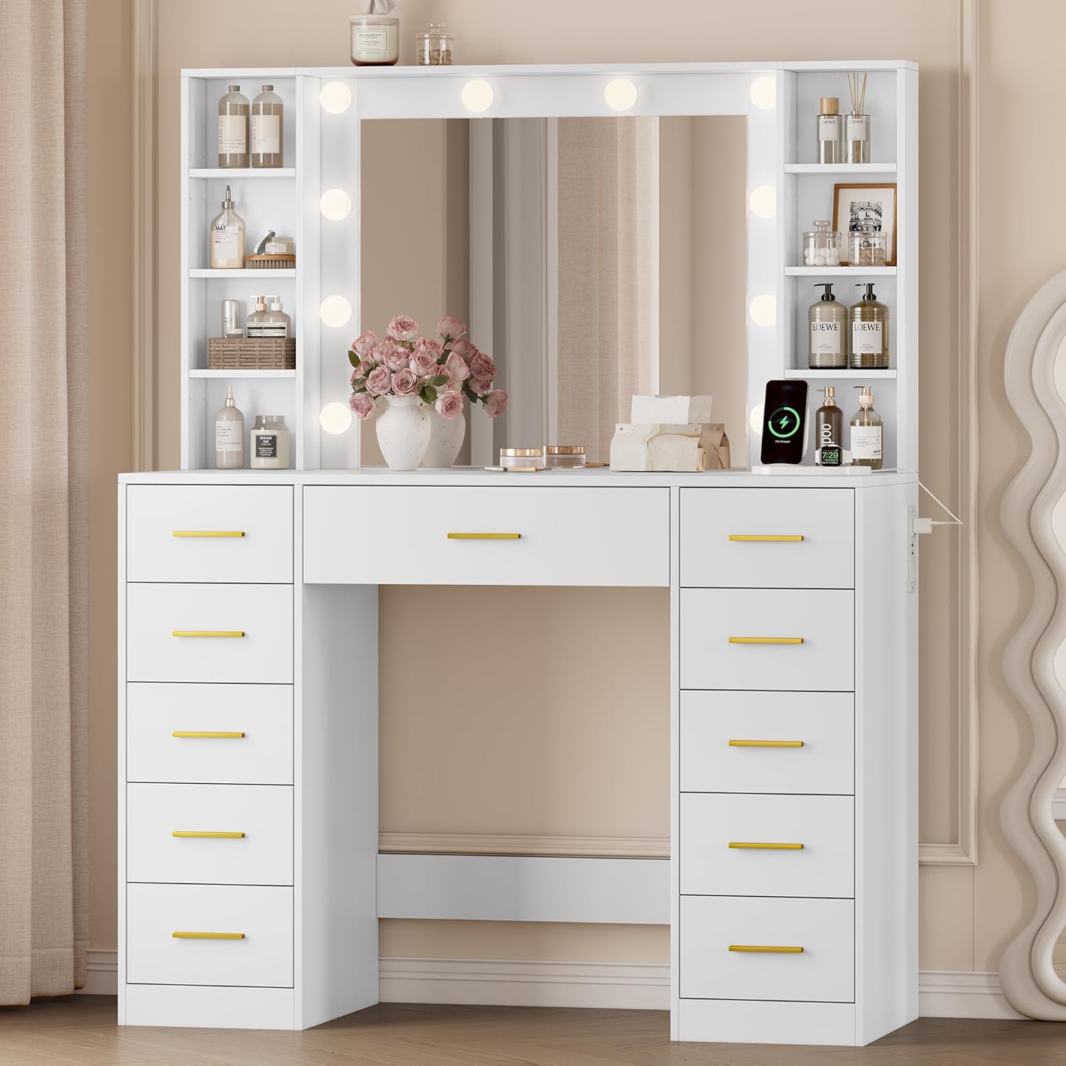 Vanity Desk with Mirror and Lights, 43" White Makeup Vanity Set with 5 Drawers & Glass Cabinets, Storage Stool, Power Outlet & Adjustable LED Lights, Dressing Table for Women & Girls Bedroom