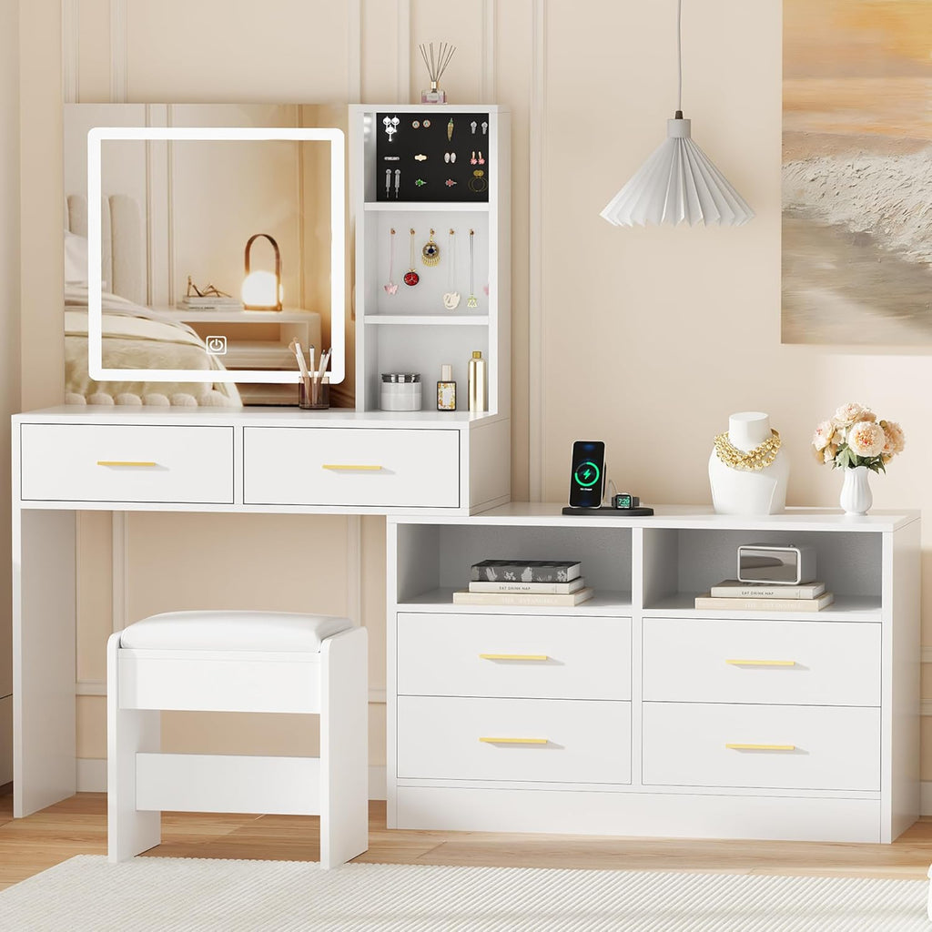 BEWISHOME White Vanity Desk with Mirror and Lights,Makeup Vanity L Shape Change Makeup Desk with 6 Drawers Stool Power Outlet Jewelry Storage,Dressing Table with Dresser for Bedroom Girls Women FST26W