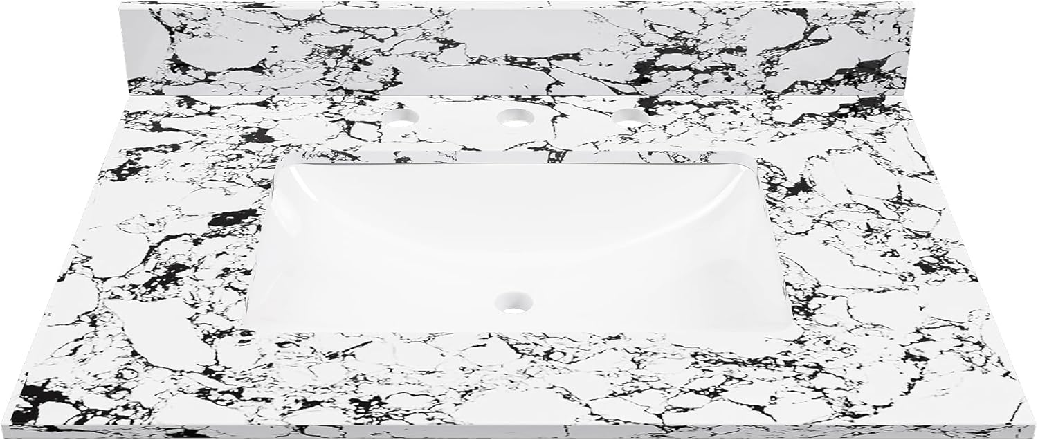 Montary 49"x 22" Artificial Marble Bathroom Vanity Top with Undermounted Ceramic Sink & Backsplash, Engineered Stone Bathroom Vanity Sink Tops with 3 Pre-Drilled Hole, Panda White