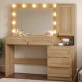 BTHFST Vanity Desk with Large Mirror and Hollywood Style Lights, Makeup Vanity with Charging Station, Makeup Table with 5 Drawers & Dustproof Cabinet, Natural Oak