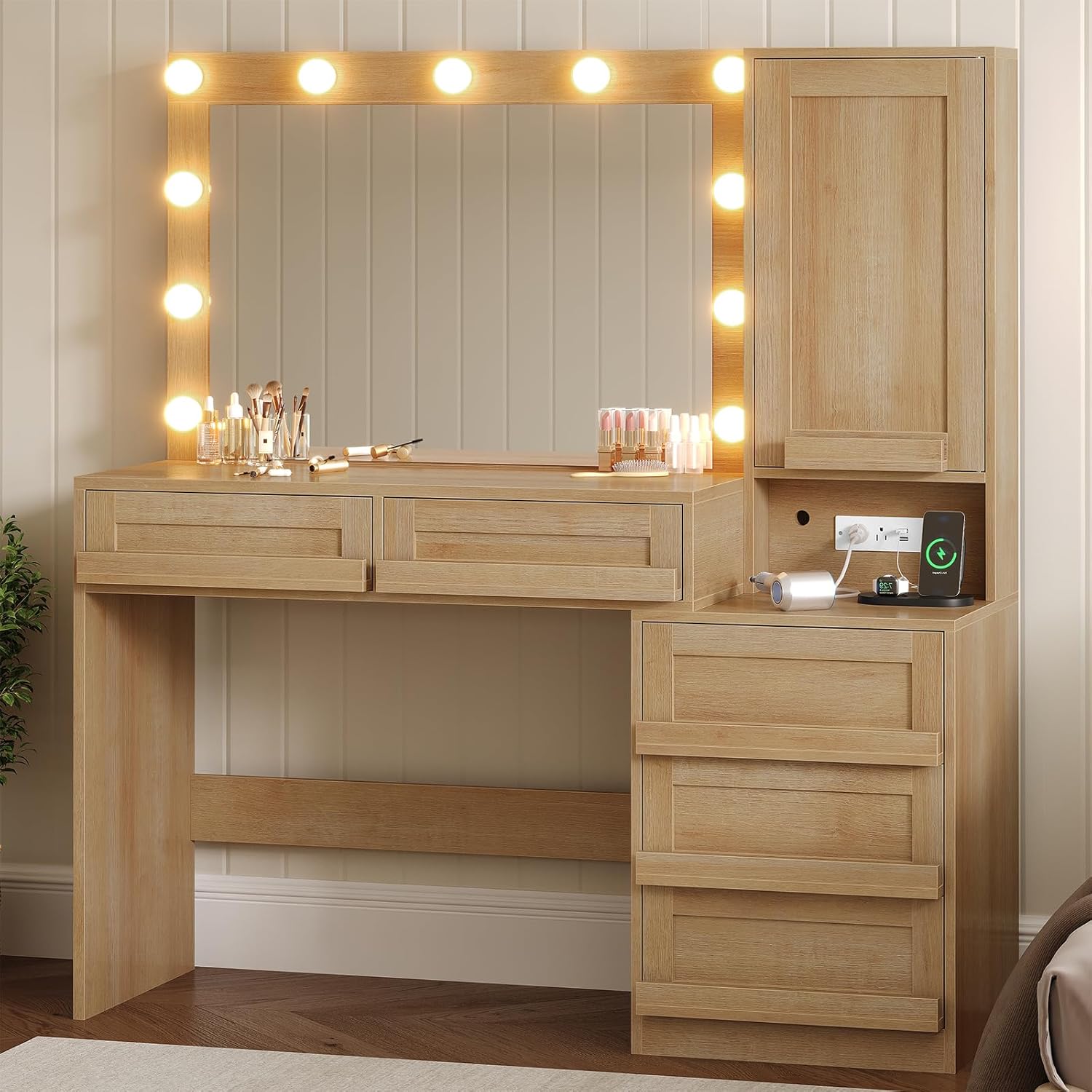 BTHFST Vanity Desk with Large Mirror and Hollywood Style Lights, Makeup Vanity with Charging Station, Makeup Table with 5 Drawers & Dustproof Cabinet, Natural Oak