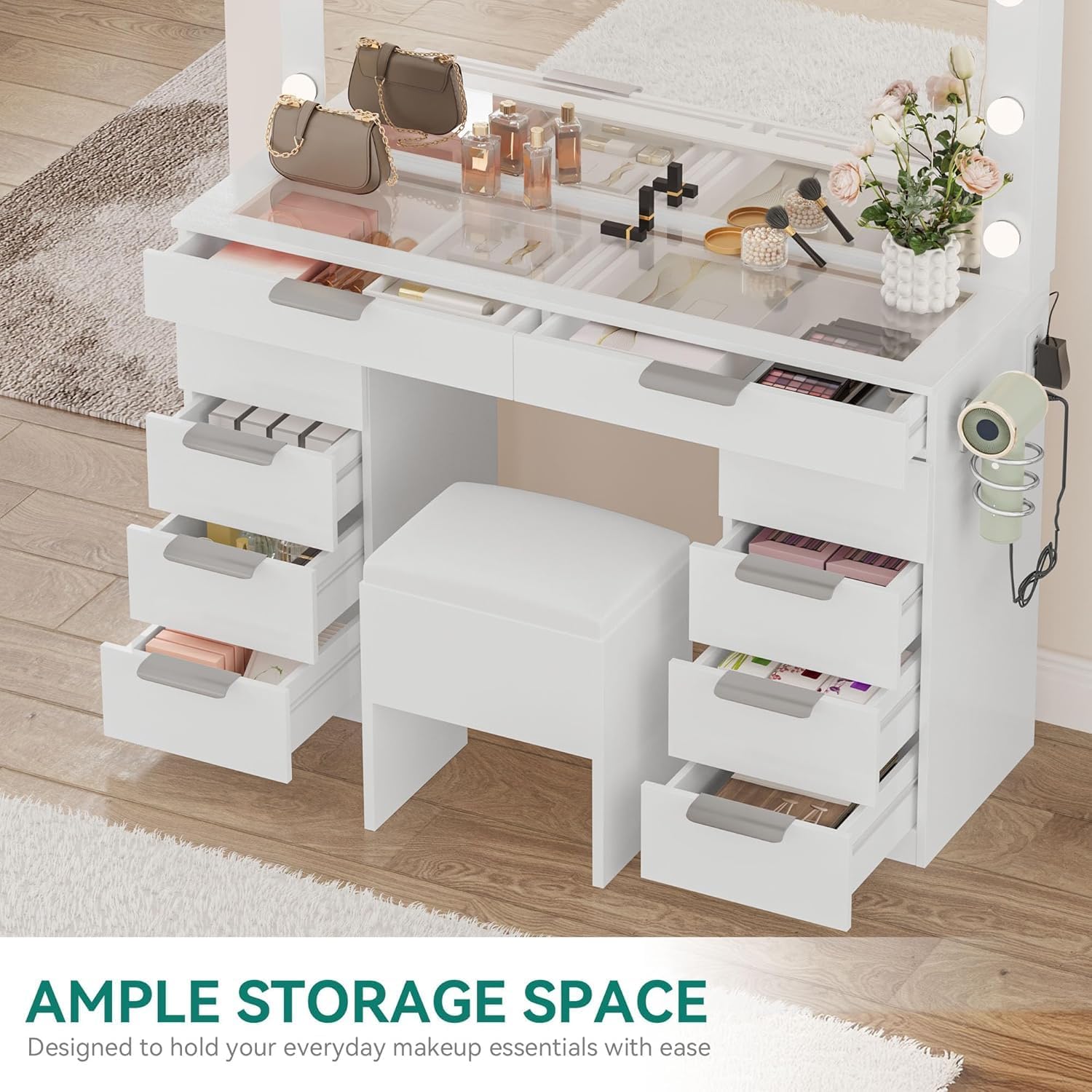 YITAHOME 46" Glass Top Vanity Desk with LED Mirror, 11 LED Bulbs, 3 Adjustable Lighting Modes, 10-Drawer Makeup Vanity with PU Storage Stool, Dressing Table Built-in USB & AC Outlets