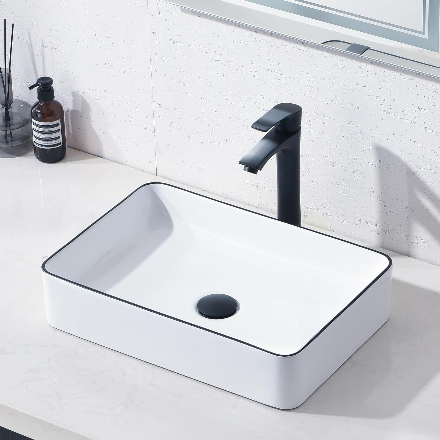 20 Inch Bathroom Sink Rectangular Above Counter, 20x14 Inch Modern White Vessel Sink Porcelain Ceramic Countertop Hand Wash Vessel Vanity Sink Art Basin