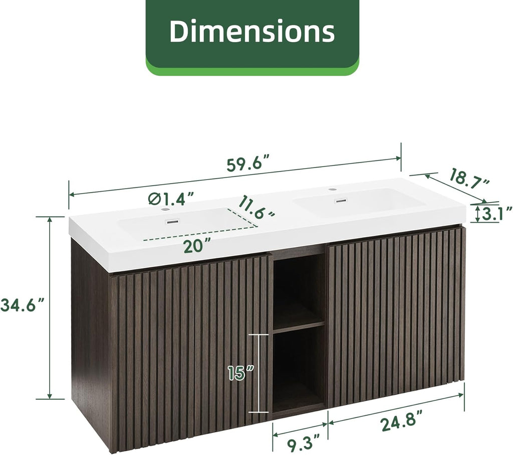 60" Bathroom Vanity with Double Sink, Freestanding Double Sink Bathroom Vanity with White Engineered Stone Top, Open Storage Cabinet & Adjustable Shelf, 4 Soft-Closing Doors, Smoked Oak Brown