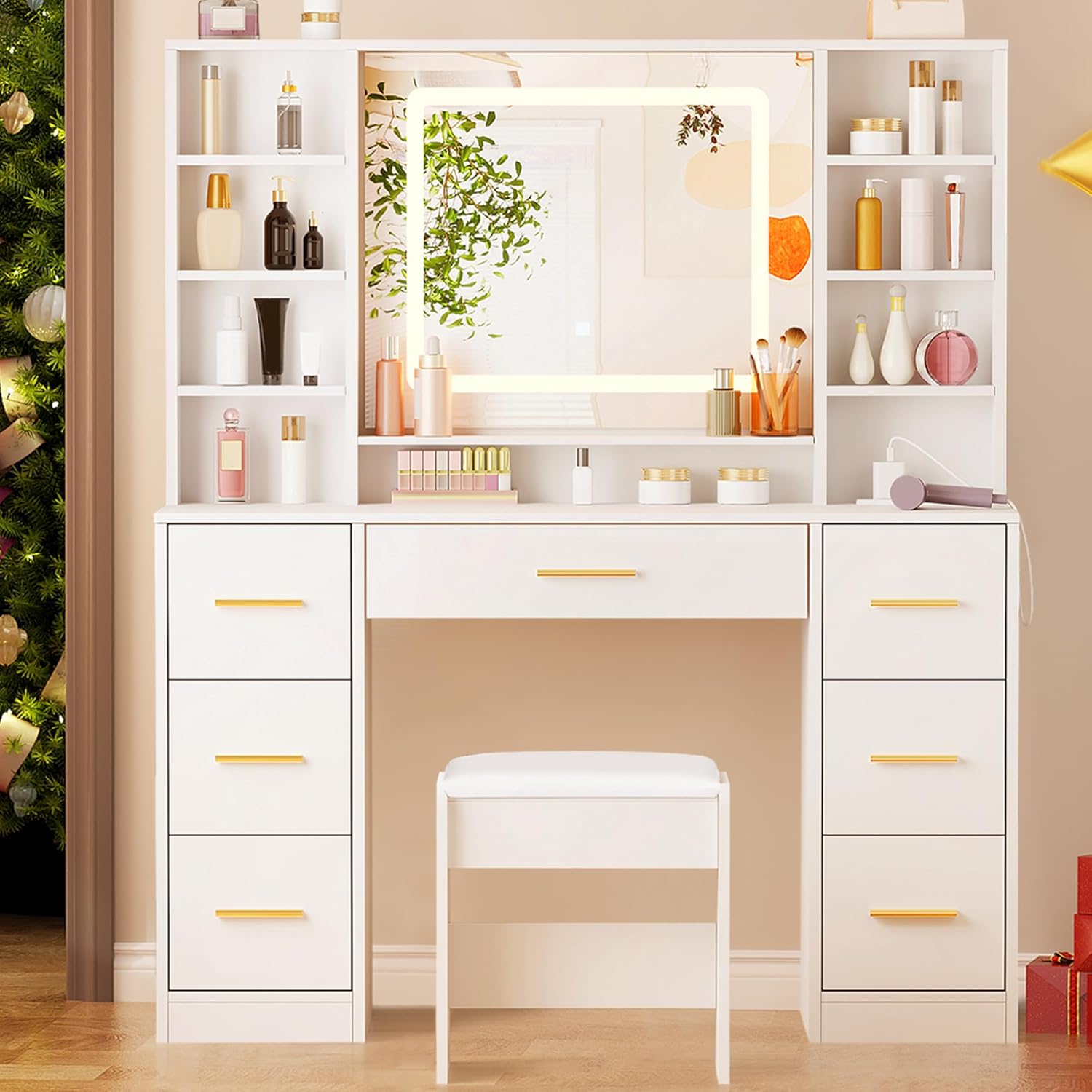 ANWBROAD Vanity Desk Table with Lighted Mirror 39.4“ Girls Makeup Vanity with Power Outlet 3 Colors Lighting Adjustable Brightness Vanity Table for Women Bedroom Dressing Room White UBDT65W