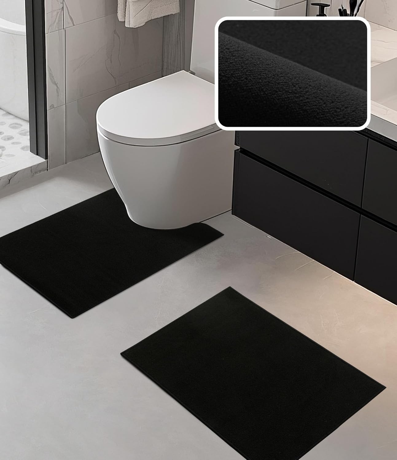 YIHOUSE Bathroom Rug Sets 2 Piece, Ultra Thin Bath Mat Fit Under Door, Quick Dry Absorbent Bath Mat for Bathroom Non Slip Machine Washable Floor Mat (Black, 2 Piece)