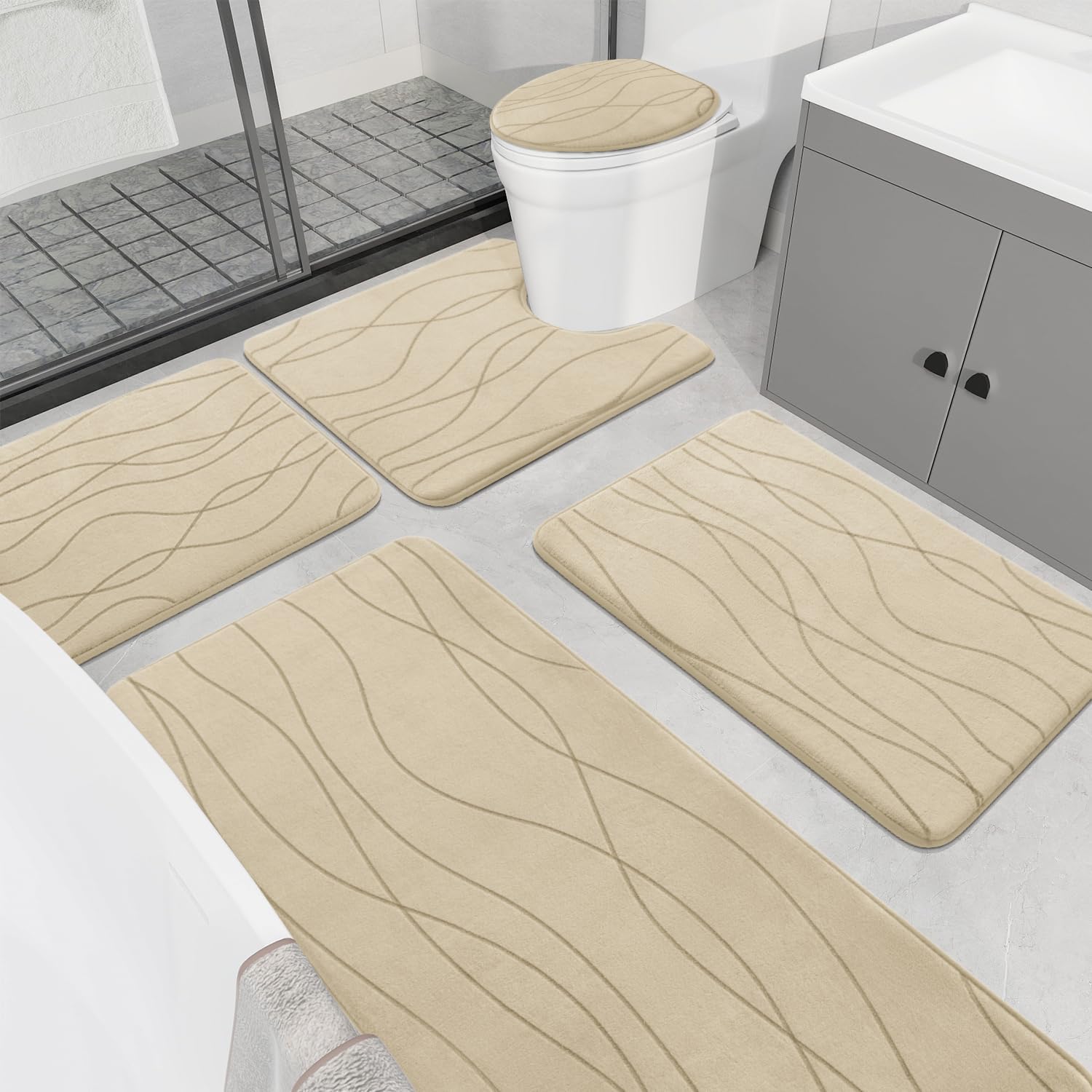 YIHOUSE Memory Foam Grey Bathroom Rug Sets 5 Piece, Ultra Absorbent Bath Mat for Bathroom - Non-Slip Machine Washable & Dry Quickly, 5 Piece Bathroom Mat Set, Dark Grey