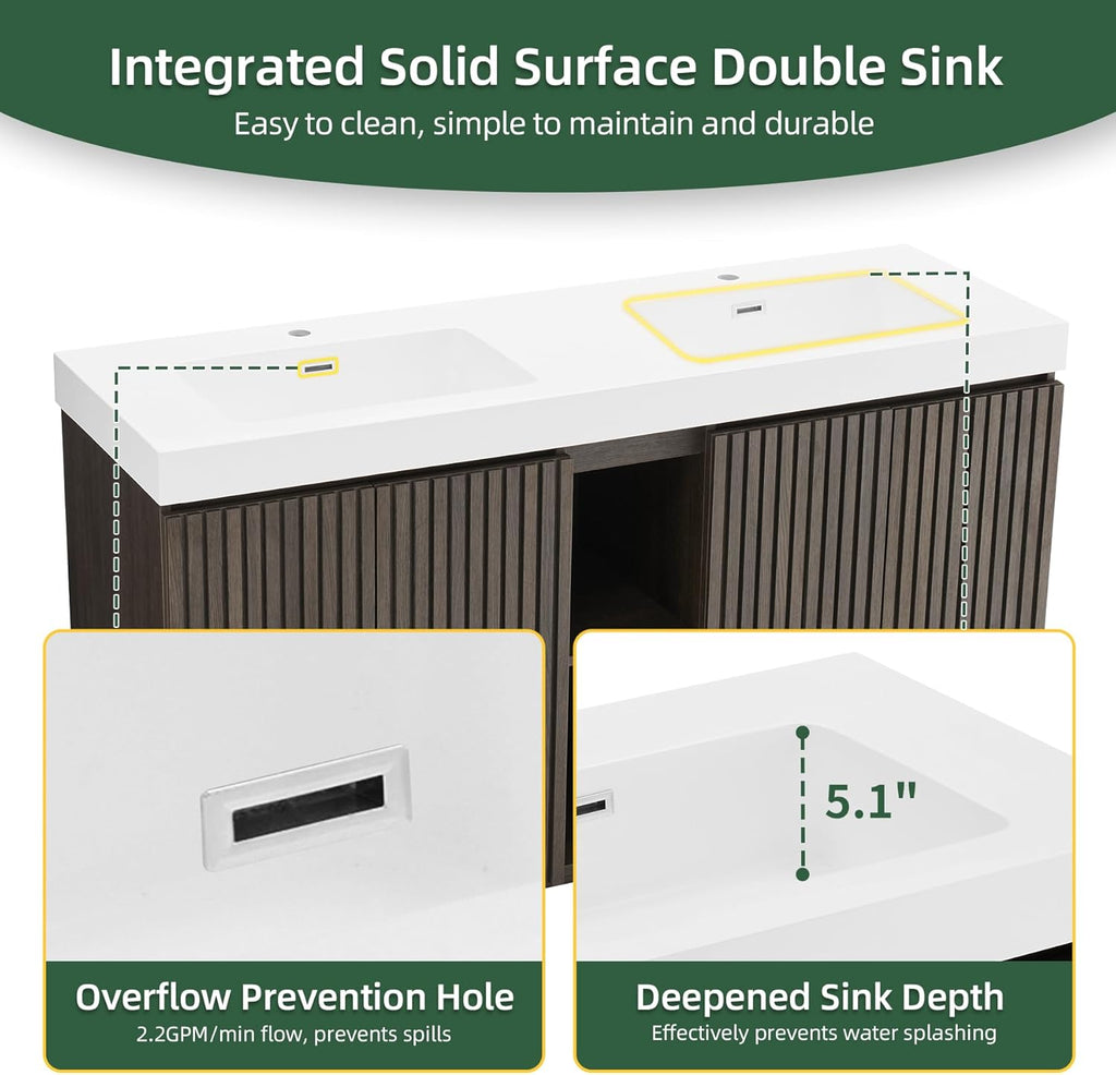 60" Bathroom Vanity with Double Sink, Freestanding Double Sink Bathroom Vanity with White Engineered Stone Top, Open Storage Cabinet & Adjustable Shelf, 4 Soft-Closing Doors, Smoked Oak Brown